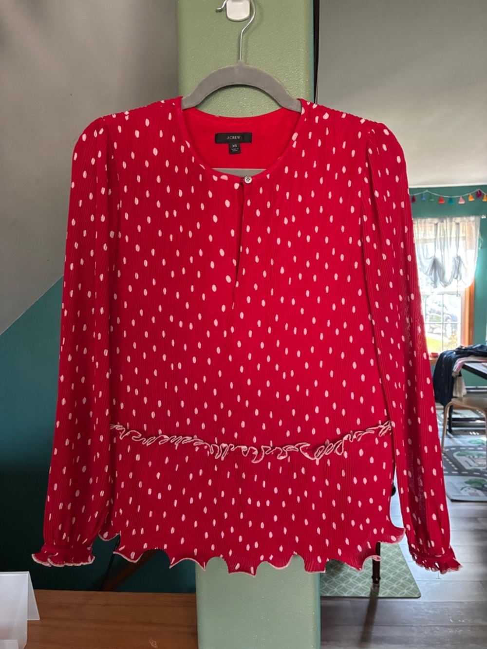J. Crew Red Blouse with White Dot Print
